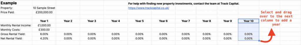 how to add an extra year to the rental yield tracker spreadsheet